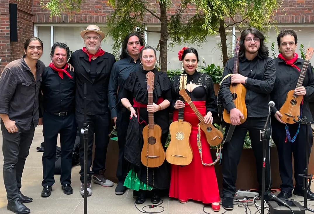 Son jarocho ensemble with jaranas and red bandanas at Harvard